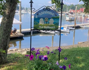 Slate holder with Welcome sign, Hand-Painted Slate Garden Sign, Adirondack Chairs, Nautical Welcome Decor, personalized