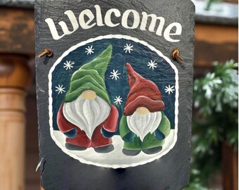 Hand painted gnome sign,  Personalized  slate, Gnome welcome, under 50, decorative winter, winter gnome Welcome, gnome Slate sign