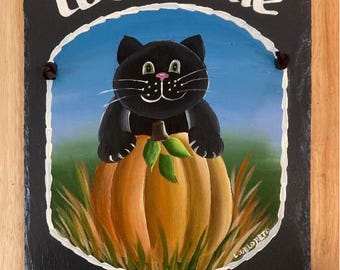 Black cat pumpkin, handpainted personalized black cat, personalized pumpkin cat, decorative black cat sign, Halloween slate cat