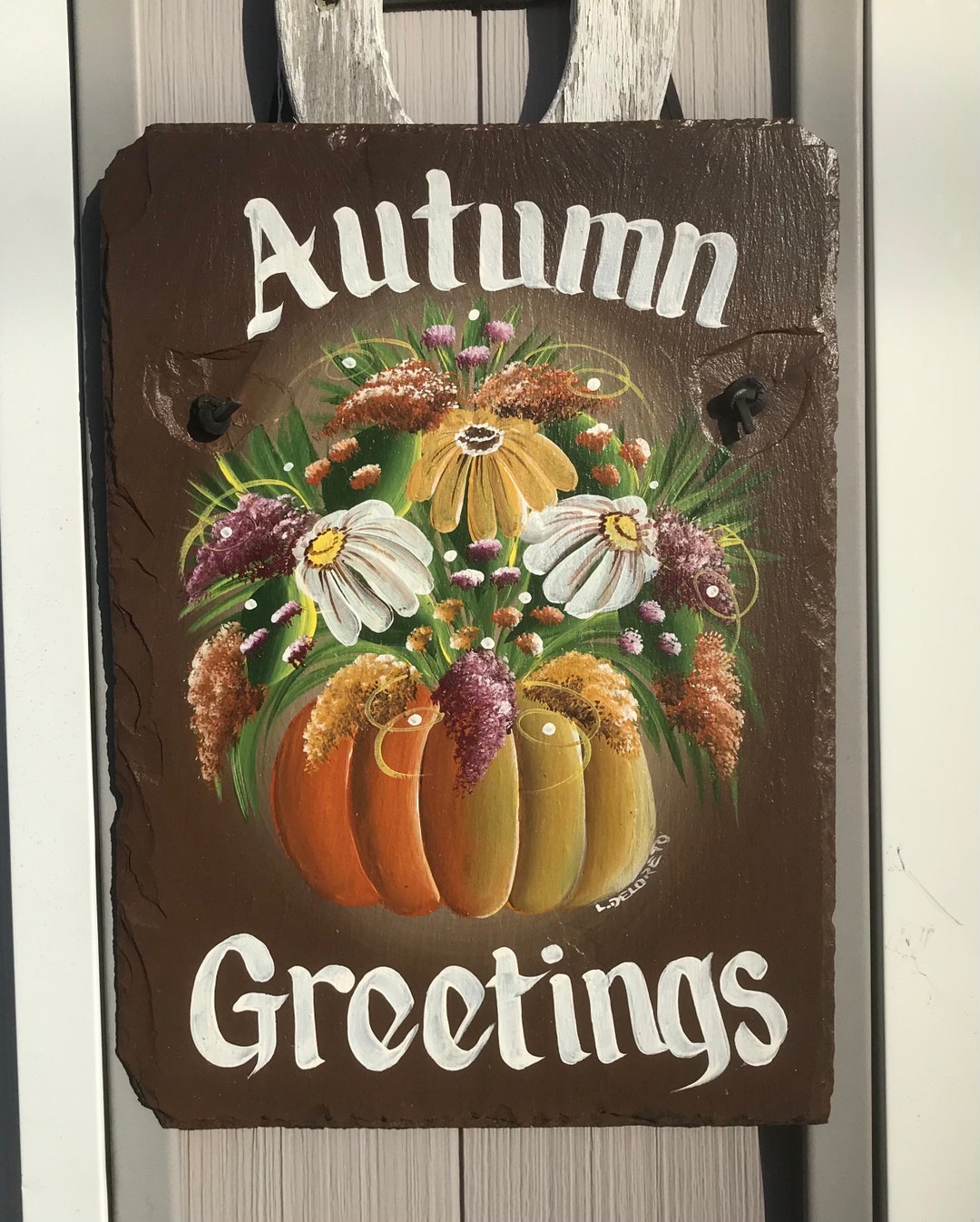 Greeter Signs Fall Autumn Greetings, Hand Painted Slate, Sign Personalized, Pumpkin Daisy ...