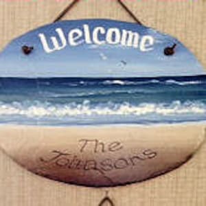 Hand painted slate sign,  Personalized gift, Waves beach, decorative nautical, Welcome Slate, wedding gift, Welcome sign