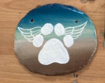 Ready to Ship, Handpainted Personalized Pawprint, angel Pet Name Plates,  dog or cat angel pawprint, Slate pawprint, angel pawprint