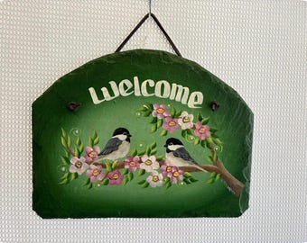 Horizontal Hand painted sign,  Personalized  Slate, Chickadee Flower sign, Slate Welcome Sign, , personalized decorative sign