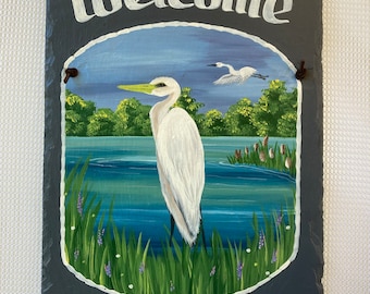 Hand painted sign,  Personalized white Egret Welcome Slate, White Egret Sign, Slate Welcome Sign, White Heron slate, decorative sign