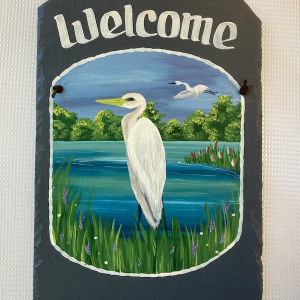 Hand painted sign,  Personalized white Egret Welcome Slate, White Egret Sign, Slate Welcome Sign, White Heron slate, decorative sign