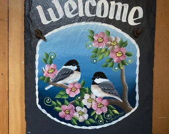 Hand painted Chickadee Sign,  Personalized  Slate, Chickadee Flower sign, wedding gift, personalized decorative chickadee, painted slate