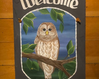 Barred owl, welcome Sign owl, Slate Welcome Owl, great horned owl sign, personalized slate owl, owl welcome, personalized slate owl