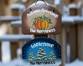 Set of two 9Hx12W, Snowy Evergreen cardinals, Pumpkin set,Personalized winter Slate, Winter and fall welcome, Seasonal slates, Garden Stand