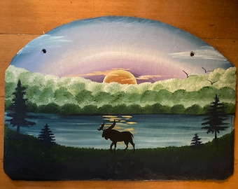 Hand painted sign, decorative sign, Personalized slate, lake welcome, slate Moose sign, decorative Mountain Slate, shower gift, under 50