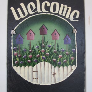 Hand painted slate, sign Personalized Birdhouse, Picket Fence,  Slate Welcome Sign, decorative garden sign, wedding gift