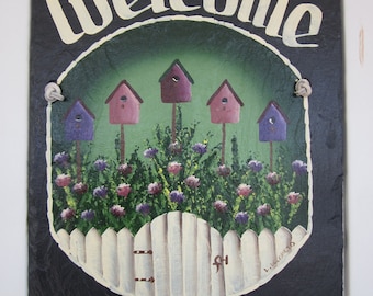 Hand painted slate, sign Personalized Birdhouse, Picket Fence,  Slate Welcome Sign, decorative garden sign, wedding gift