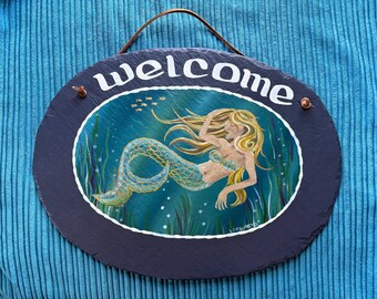Mermaid Hand painted slate,  Personalized nautical sign, Mermaid Oval, Slate Welcome Sign, wedding gift, shower, Mermaid