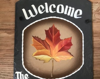 Fall Maple Leaf, Hand painted slate, sign Personalized, Maple Leaf Sign, decorative Fall Leaf, Slate Welcome Sign, Fall Welcome Sign