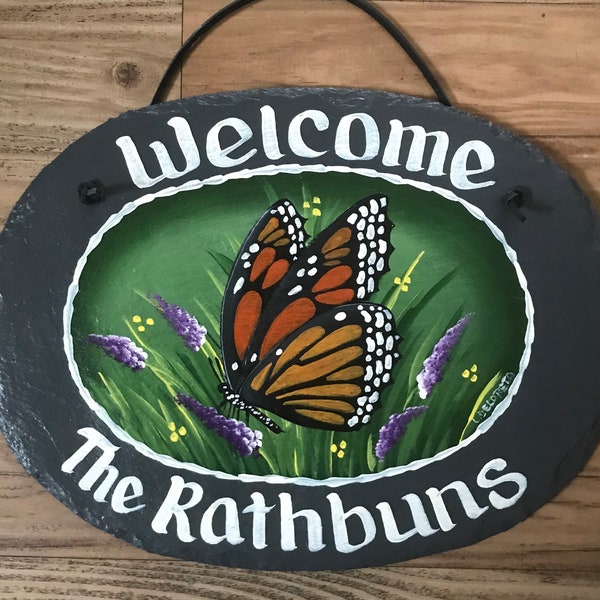 Butterfly welcome sign, personalized butterfly slate, hand painted butterfly garden sign