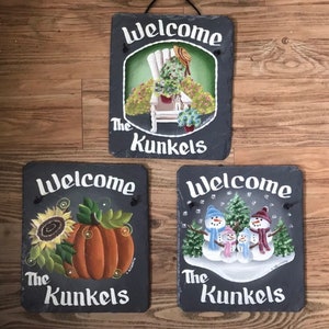 Set of 3 slates, Handpainted Personalized sign, Seasonal Slates, decorative Welcome Signs, wedding gift, shower gift