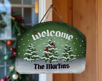 9Hx12W Snowy Evergreen cardinals, Personalized winter Slate, Winter welcome, Decorative sign, seasonal Slate, under 50