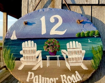 Hand painted slate,  Personalized sign, Adirondack Beach Chairs, welcome slate, Slate Welcome Sign, wedding gift, shower gift, slate sign