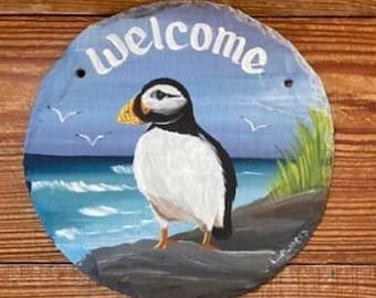 Small Handpainted Puffin welcome, Puffin Slate Sign, Puffin Slate, Puffin Welcome Sign, Puffin