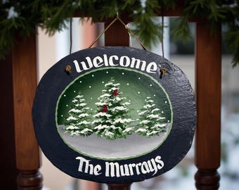 snowy Evergreen cardinals, Personalized winter Slate, Evergreen tree Cardinals, Winter welcome, Decorative sign, seasonal Slate
