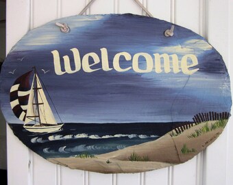 Hand painted Personalized Sailboat Beach Nautical Slate Welcome Sign