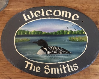 Loon Handpainted Slate, Personalized Loon Slate, loon Welcome Sign, decorative slate sign, welcome loon sign, wedding, lake