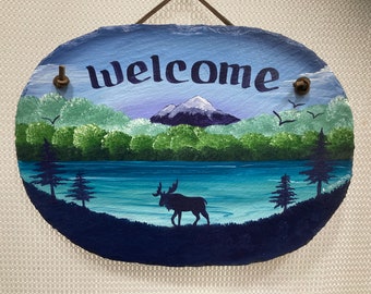 Hand painted sign, decorative sign, Personalized slate, lake welcome, slate Moose sign, decorative Mountain Slate, shower gift, under 50