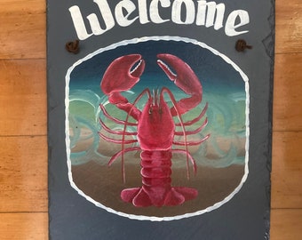 Hand painted sign, Personalized Lobster welcome, decorative Nautical sign, Lobster Welcome Sign, Maine Lobster Slate, Wedding gift