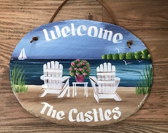 Hand painted slate,  Personalized sign, Adirondack Beach Chairs, Sand Nautical Oval, Slate Welcome Sign, wedding gift, shower