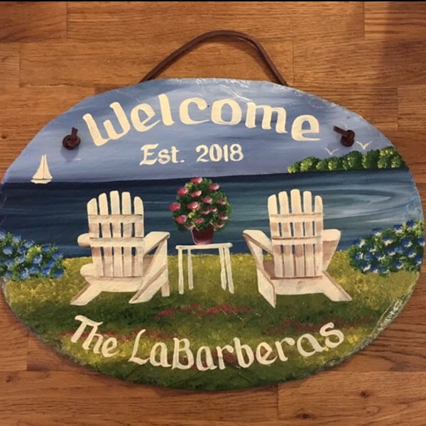 Hand painted sign, Personalized Slate, garden sign, Adirondack chairs, Nautical Slate Sign, Decorative sign, wedding gift, under 50