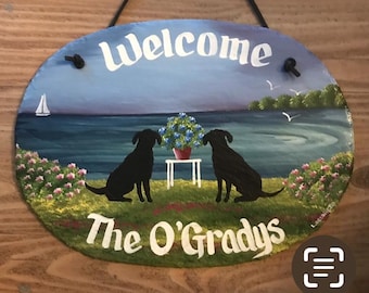 12x15 Hand painted special order sign, three black lab, Personalized Slate, garden sign, Adirondack chairs, Nautical Slate Sign, Decorative