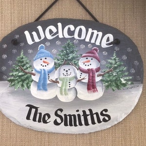 Snowman Family, Hand painted sign, Personalized slate, Snowdog Sign, decorative winter Slate, Welcome sign, wedding gift, Christmas gift