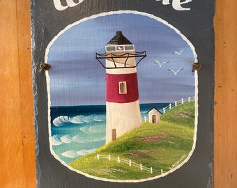 Hand painted sign, 12” x 16”,Personalized Lighthouse, decorative Nautical sign, Welcome Sign, Wedding gift, shower gift