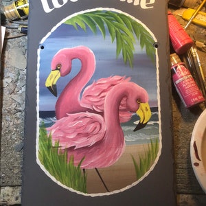 Hand painted sign, Personalized flamingo slate, Flamingos welcome Slate, housewarming gift, flamingo sign, wedding gift,  beach