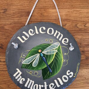 7” Hand painted dragonfly sign, Spring Dragonfly slate, Personalized Sign, decorative garden sign, wedding gift, slate Welcome