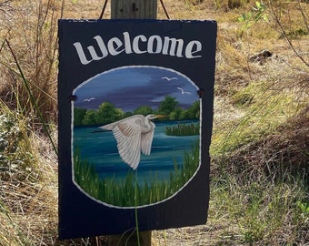 Hand painted sign,  Personalized white Egret Welcome Slate, Flying White Egret Sign, Slate Welcome Sign, White Heron slate, decorative sign