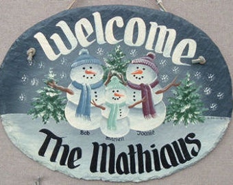 Snowman Family, Hand painted sign, Personalized slate, snowman Family, decorative winter Slate, Welcome sign, wedding gift, Christmas gift