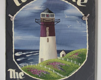 Hand painted sign, Personalized Lighthouse, decorative Nautical sign, Welcome Sign, Wedding gift, shower gift