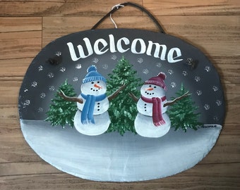 Snowman Family, Hand painted sign, Personalized slate, snowman Family, decorative winter Slate, Welcome sign, under 50