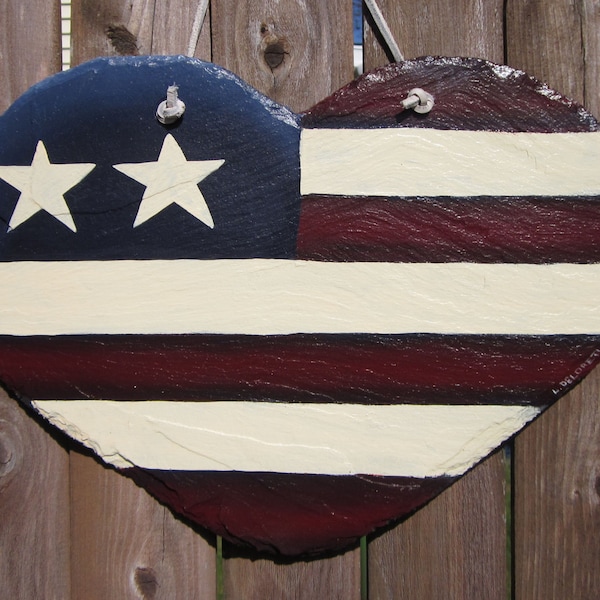 Flag heart, hand painted sign, slate welcome, decorative patriotic, personalized wedding, under 50