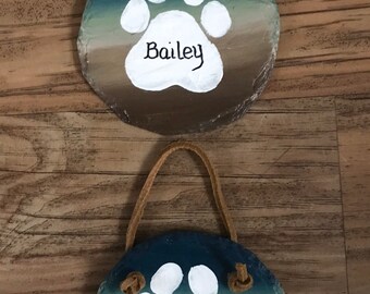 2 Handpainted Personalized Pawprint Pet Name Plates,  dog or cat pawprint, Slate pawprint