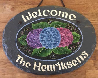 Hand painted sign, Personalized slate, Hydrangea Flower, decorative garden sign, wedding gift, Welcome Sign, shower gift
