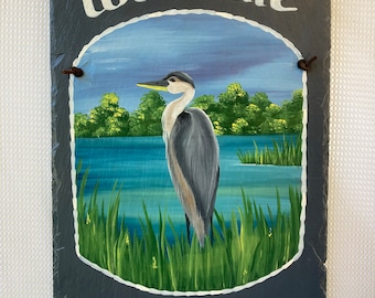 Hand painted sign,  Personalized Blue Heron Welcome Slate, Blue Heron Sign, Slate Welcome Sign, Blue Heron slate, decorative sign