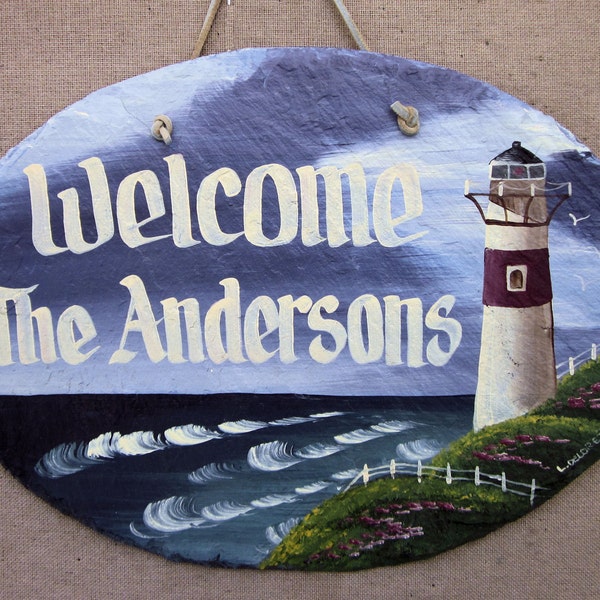 Decorative Sign, Lighthouse sign, Handpainted Personalized Sign, Nautical Sign, Lighthouse Slate Welcome Sign, wedding gift