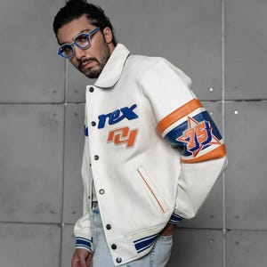 メンズ刺繍入りレザーボンバージャケット ホワイト ブルー オレンジ 本革 リブカフス ストリートウェア アウター XS-4XL、メンズホワイトジャケット