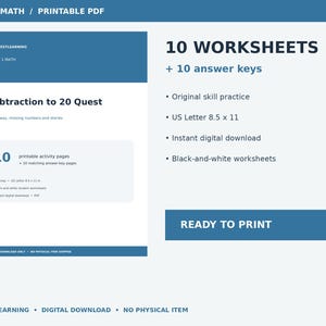 Può includere: Un set di PDF stampabili di matematica per la prima elementare intitolato Subtraction to 20 Quest. Include 10 schede di esercizi in bianco e nero e 10 chiavi di risposta in formato US Letter 21,59 x 27,94 cm. Download digitale.
