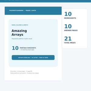 May include: A 2nd grade math printable PDF titled Amazing Arrays. The document includes 10 worksheets, 10 answer pages, and 21 total pages. It features text about rows, columns, arrays, and repeated addition, formatted for US letter size.