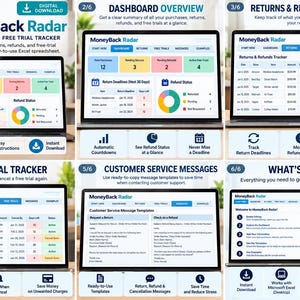 Pode incluir: Um modelo de planilha digital do Excel MoneyBack Radar exibido na tela de um laptop, com seis painéis que mostram uma visão geral do painel, rastreador de devoluções e reembolsos e modelos de mensagens.