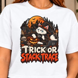 Trick or Stack Trace Halloween Cat T-Shirt, Funny Programmer Witch Graphic Tee, Spooky Software Developer Coding Humor Gift S-4XL