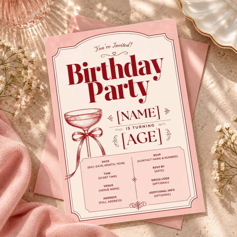 Editable Birthday Invitation Template, Pink & Red Vintage Birthday ...