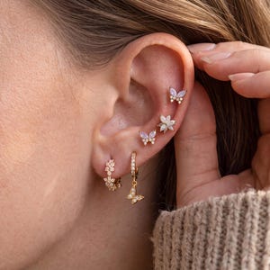 Butterfly and Flower Earring Set, Gold Tone Charm Hoops and Dainty Studs, Sparkling Floral Ear Stack for Multiple Piercings